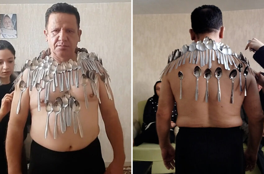  “Sticky World Record: Man Balances 96 Spoons on Body to Break His Own Record”
