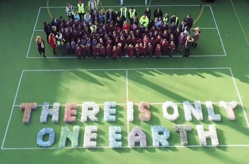  St Edward’s Prep Students Spell Out World Record with 3,325 Plastic Bottles