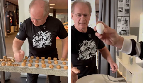  “Mr. Hammerhand Smashes 293 Walnuts in 60 Seconds — While Holding a Raw Egg”